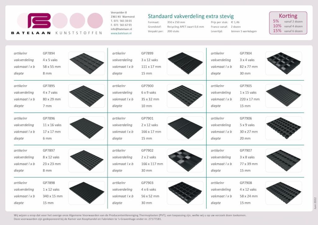 Standaard kunststof vakverdeling 2 Standaard trays zwart pet