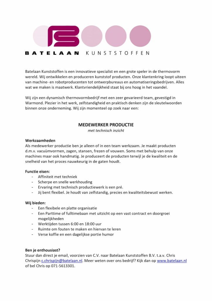 Werken bij Batelaan 1 Vacature medewerker productie 2021
